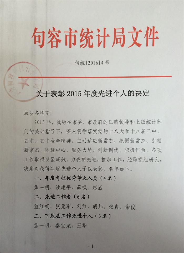 关于表彰2015年度先进个人的决定